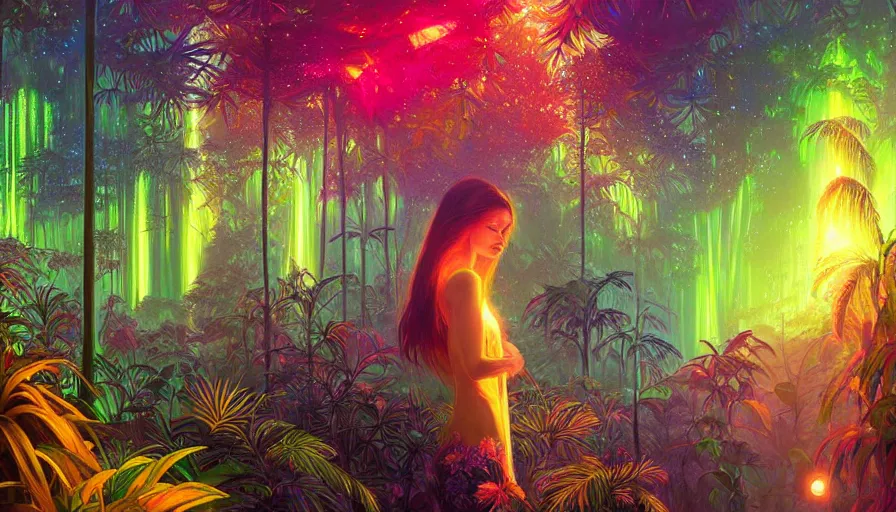 Image similar to portrait of a sparkling tropical grove with neon auroras, path traced, environment, highly detailed, high quality, digital painting, alena aenami, lilia alvarado, shinji aramaki, karol bak, alphonse mucha, tom bagshaw