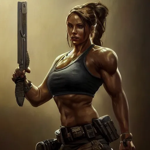 Image similar to portrait of lara croft as a female bodybuilder police officer, fantasy, intricate, elegant, highly detailed, digital painting, artstation, concept art, matte, sharp focus, illustration, art by aenaluck and roberto ferri and greg rutkowski, epic fantasy, digital painting