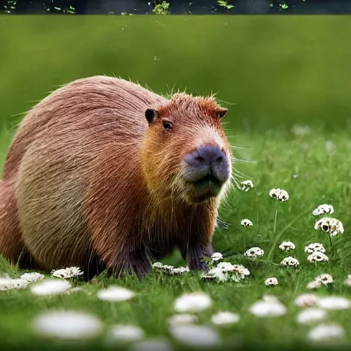 Prompt: “photorealistic capybara performing tai chi, hd, centered, sharp focus, octane render, trending on art station, wildflower field background, highly detailed, high quality”