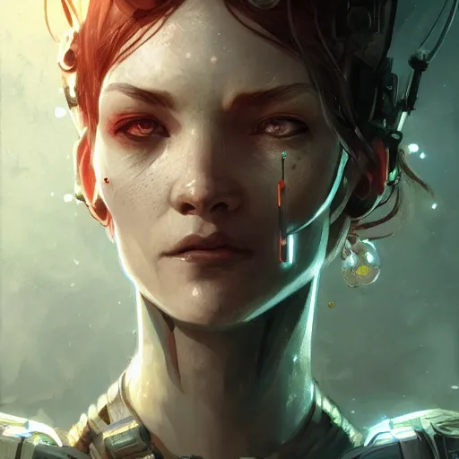 Prompt: A cyborg close up portrait, D&D, fantasy, intricate, cinematic lighting, highly detailed, digital painting, artstation, concept art, smooth, sharp focus, illustration, art by Akihiko Yoshida, Greg Rutkowski and Alphonse Mucha