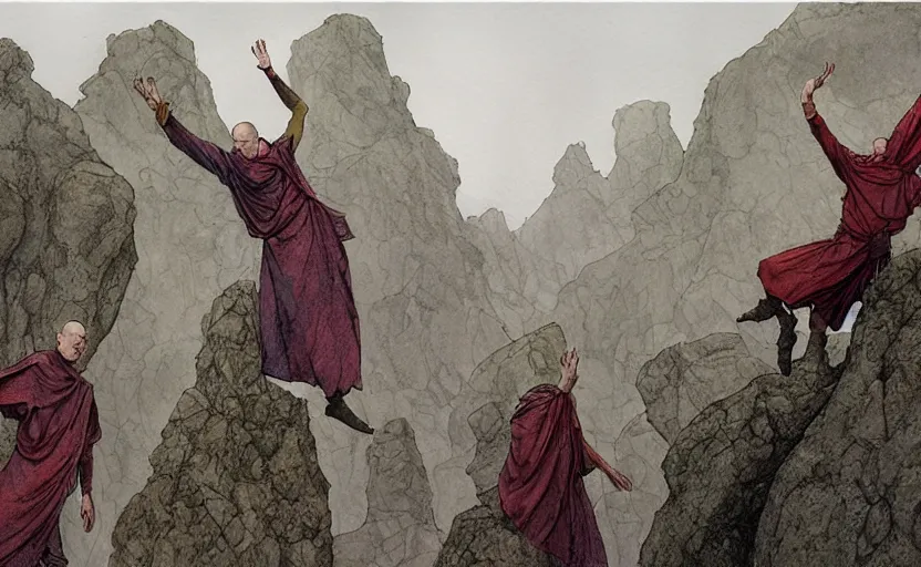 Prompt: a hyperrealist watercolour concept art of a group of grey monks levitating a huge rock in the air over their head. it is a misty night on the moors of ireland. by rebecca guay, michael kaluta, charles vess and jean moebius giraud. high detail, hq, wide shot