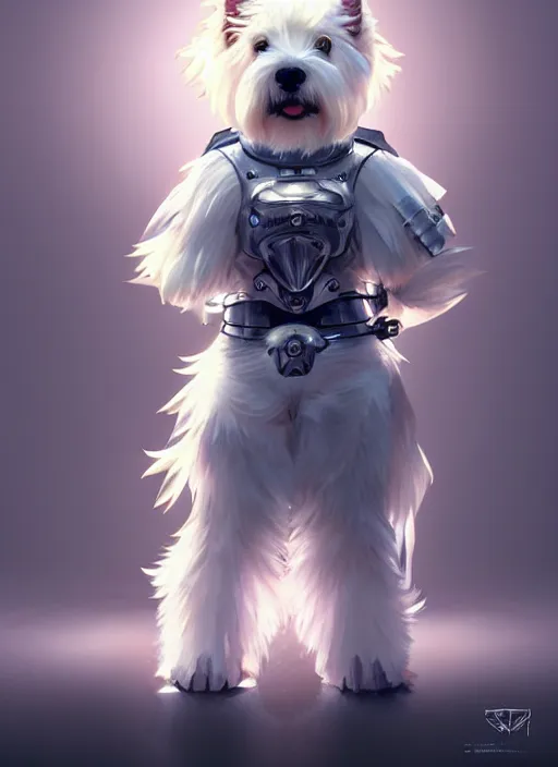 Image similar to a west highland white terrier, anime art style, wearing futuristic, led - lit armor, and a cannon mounted on his back, portrait, high detail, sharp focus, digital painting, artstation, concept art, art by hayao miyazaki and artgerm and greg rutkowski and alphonse mucha.