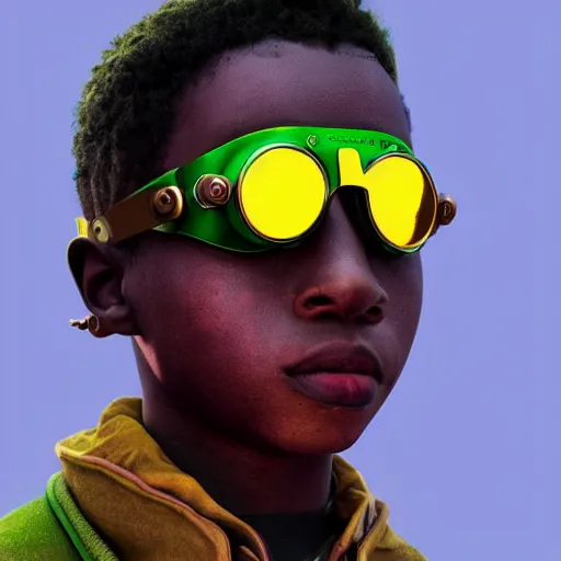 Image similar to colourful vfx art of a nigerian boy wearing steam punk goggles, art by utagawa kunisada & james jean, volumetric light, ray tracing, unreal engine, octane 3 d render, sharp, detailed, digital painting, illustration, highly detailed, intricate detail, pinterest, behance, art station,