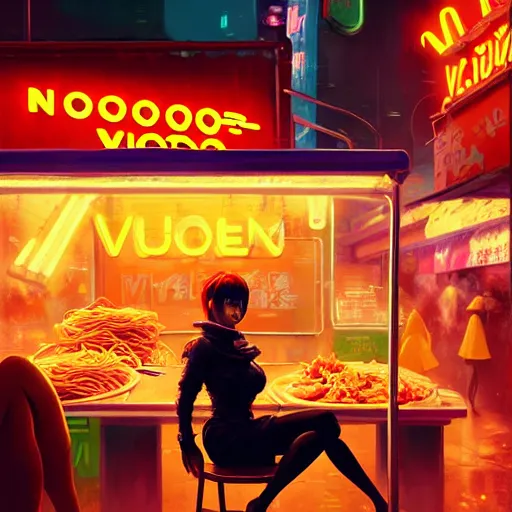 Image similar to splash art of anthropomorphic female vulpes vulpes fulva woman sitting at a noodle stand eating noodles in the crowded street of a cyberpunk city, rain, harsh neon lighting, realistic ultra detailed, by greg rutkowski, wlop, ilya kuvshinov, artgerm