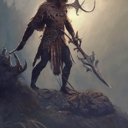 Image similar to a beautiful ultradetailed portrait of a elven elite warrior! beautiful large battle axe in his hand, with a lion pelt on his back, by greg rutkowski, karol bak and peter mohrbacher, volumetric lighting, magical realism, dark, elf,