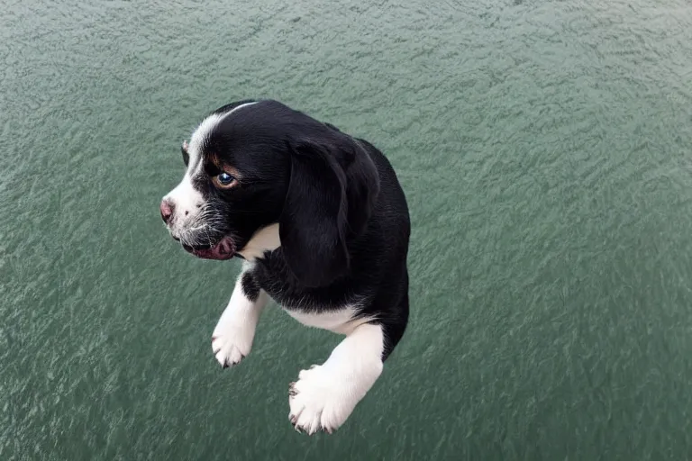 Image similar to an high angle view of a scared puppy that is looking directly down at the water below while standing at the edge