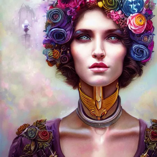 Image similar to Lofi cyberpunk portrait beautiful woman with short brown curly hair, roman face, unicorn, rainbow, floral, Tristan Eaton, Stanley Artgerm, Tom Bagshaw