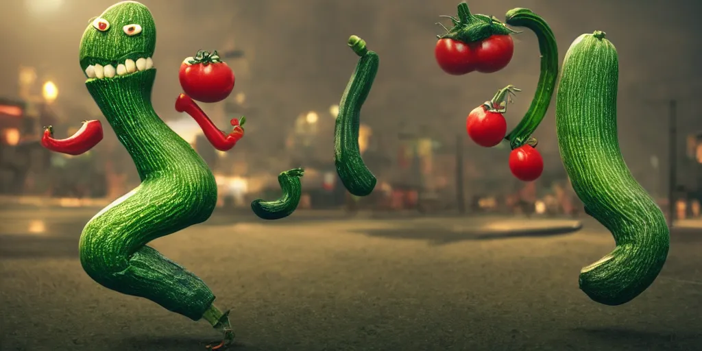 Image similar to detailed 3 d render of a bad zucchini character with arms and legs and a long sword!! chasing after a tomato character, hyper realistic octane render, cinematic lighting, deviantart, frame from independent movie