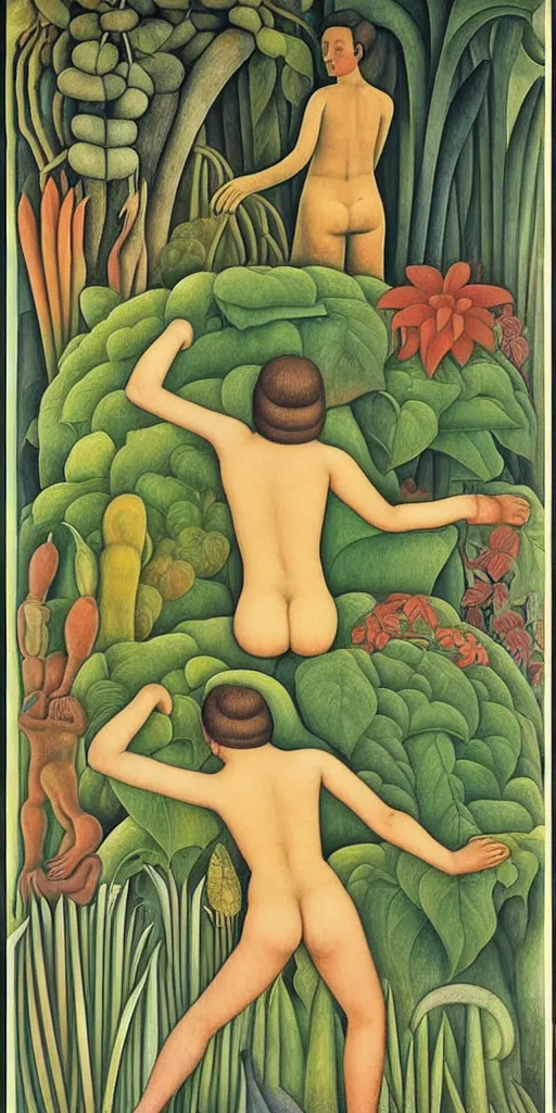 Image similar to 1980 naturist garden movie poster, drawings in part by Diego Rivera, part by Ernst Haekl, text by William S Boroughs, written by Michael Ende
