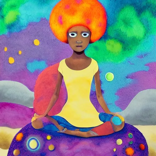 Image similar to a black girl with a colorful afro and big colorful eyes meditating in an african zen garden at sunset, bright colours, bokeh!!, watercolor, volumetric wool felting, macro photography, children illustration, by goro fujita