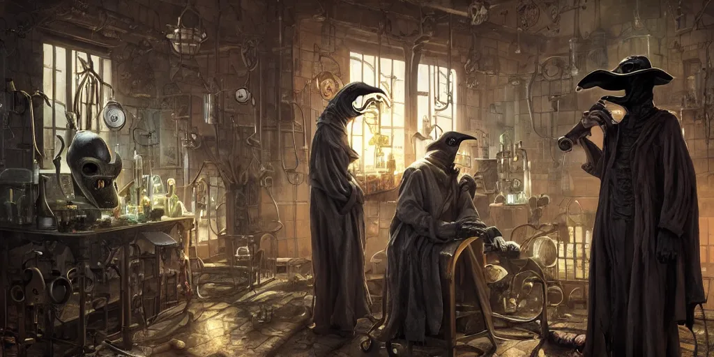 Image similar to a plague doctor and a humanoid rat in a laboratory with lots of flasks filled with magic liquids, stephen bliss, unreal engine, fantasy art by greg rutkowski, loish, rhads, ferdinand knab, ilya kuvshinov, rossdraws, tom bagshaw, global illumination, radiant soft light, detailed and intricate environment