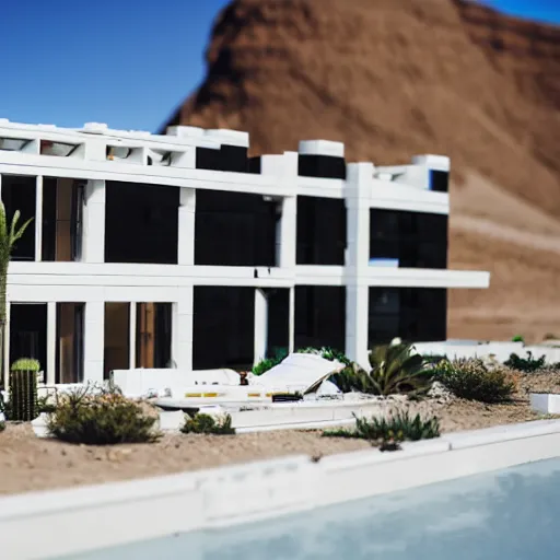 Image similar to white lego architect building in the dessert, with a lot plants and infinite pool