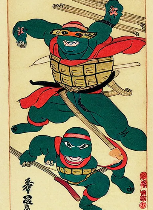 Image similar to a ninja turtle as a yokai illustrated by kawanabe kyosai and toriyama sekien