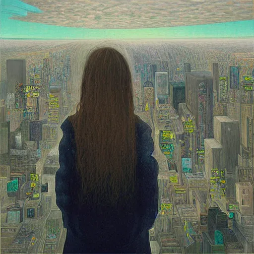 Prompt: “ a girl looking down at a futuristic new york city below, ghostpunk, fog, storm clouds, rain, detailed face, oil painting, by jan toorop ”