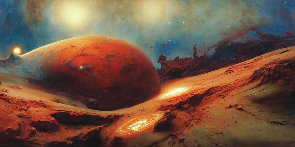 Image similar to supernova, alien surface planet, red desert mars, painted by ruan jia, raymond swanland, lawrence alma tadema, zdzislaw beksinski, norman rockwell, jack kirby, tom lovell, alex malveda, greg staples