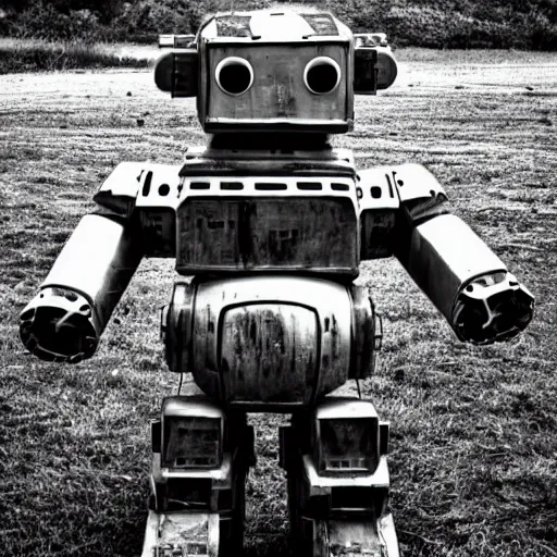 Image similar to giant robot at night with eyes smiling, grainy, vintage, stark light, dramatic lighting, evil smile, countryside at night, trash on the ground, night sky, scary, evil