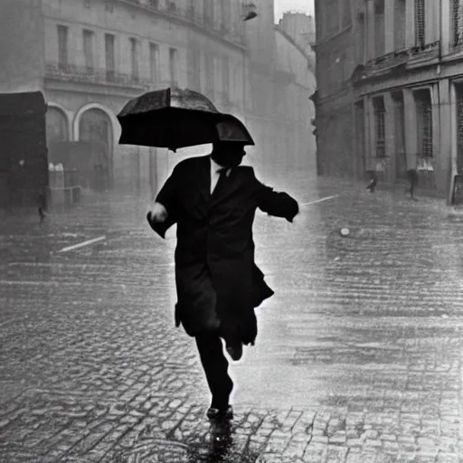 Image similar to the man leaping with an umbrella in a raining paris street, by henri cartier bresson,