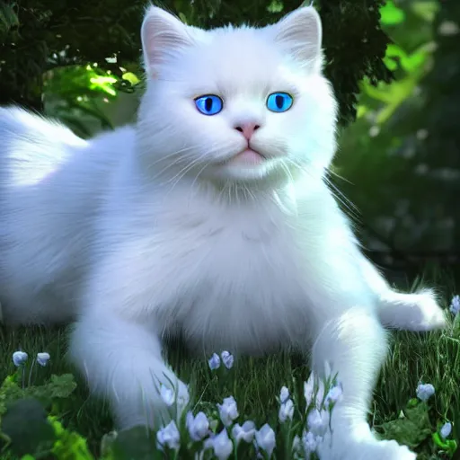 Image similar to hyperrealistic image of fun, fluffy white cat with blue and green eyes, in a fairy garden, stunning 3 d render inspired art by greg rutkowski and xiang duan, pixar and disney, perfect facial symmetry, realistic, highly detailed attributes and atmosphere, dim volumetric cinematic lighting, 8 k octane detailed render, post - processing, masterpiece