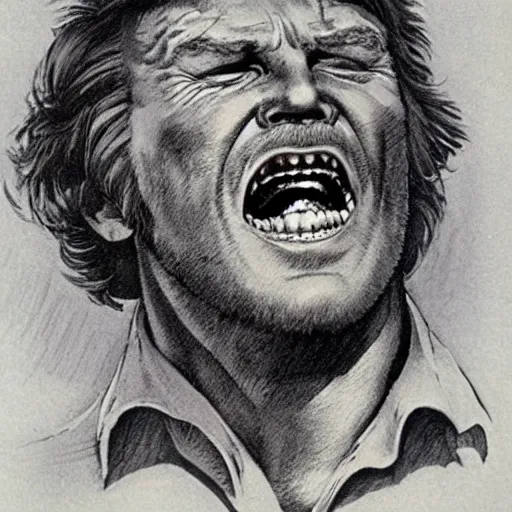 Prompt: Robert Shaw as Quint from Jaws (1974) illustrated by Les Edwards and Basil Gogos