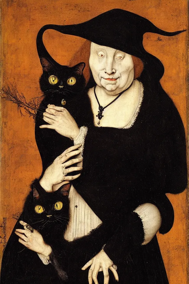 Image similar to painted portrait of a creepy witch with a fat black cat, 1 6 th century, hans holbein the younger, jan van eyck, gerit dou,