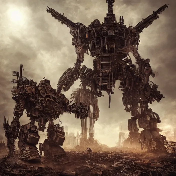 Prompt: gritty apocalyptic scene of human standing next to mech, hyper - detailed, sharp focus, 4 k ultra hd, fantasy dark art, apocalyptic art