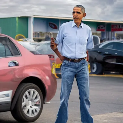 Image similar to barack obama at a gas station, with a fade haircut, wearing ripped jeans, photograph, 4 k