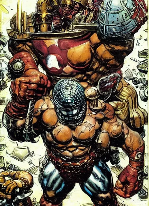 Image similar to huge morgan aste as marvel's juggernaut wearing metal helmet, dynamic, by jack kirby and greg staples and norman rockwell and tom lovell