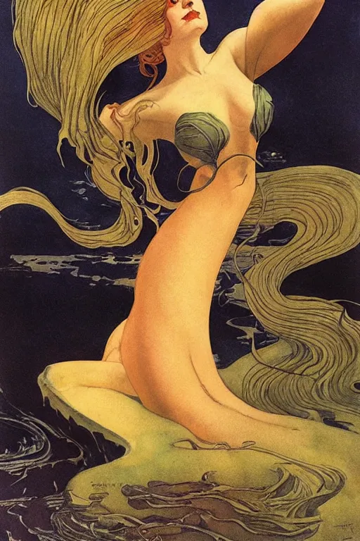 Prompt: dark evil mermaid with long flowing hair, by N.C. Wyeth, j.c. leyendecker, Bernie Wrightson