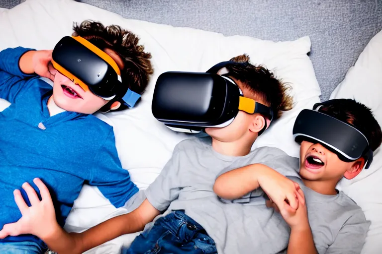 Prompt: An aerial stock photo of two boys laying in bed, with a bunch of stuff, wearing a VR-headset, featured on flickr, cluttered