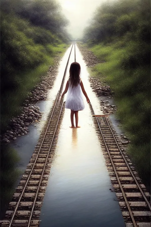 Image similar to a barefoot girl carries her shoes on a wide pool of reflective water and faintly visible submerged train tracks, water covers everything, large white clouds on a wide horizon, intricate, elegant, highly detailed, digital photo, artstation, concept art, smooth, sharp focus, low angle photo, art by artgerm and greg rutkowski and fra angelico