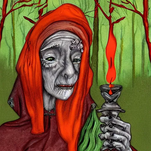 Prompt: old crone singing the song of forgetting in a gloomy misty forest with vibrant orange leaves on a nearby pedestal burn seven red candles. smoke fire. high detail, detailed face with piercing green eyes