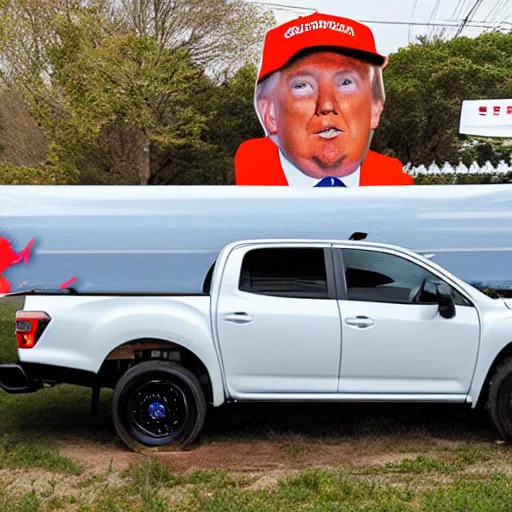 Image similar to a subaru truck with trump's face on it