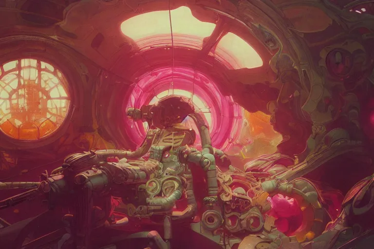 Image similar to interior of a digesting Stomach filled with glowing pink water, Cross section, Claustrophobic, seapunk Mecha , vaporwave , digital art, artstation, by WLOP, Ilya repin, alphonse mucha., Very highly detailed 8K, octane, Digital painting, the golden ratio,