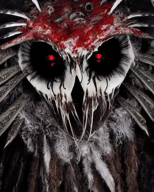 Prompt: owl - skull ghost - spirit of the grim - warpaint wears the scarlet armor and native blood headdress eyes, midnight fog - mist!, cinematic lighting, various refining methods, micro macro autofocus, ultra definition, award winning photo, photograph by ghostwave - gammell - giger - shadowlord