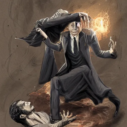 Image similar to a picture of harry potter breaking voldemort's spine over his knee, back breaker, intricate, highly detailed, digital painting, artstation, concept art, 4 k, art by bill waterson