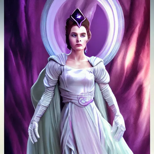 Image similar to alien princess, purple translucent skin, royalty, white crown, flowing gown, padme amidala, art station, concept art, 8k