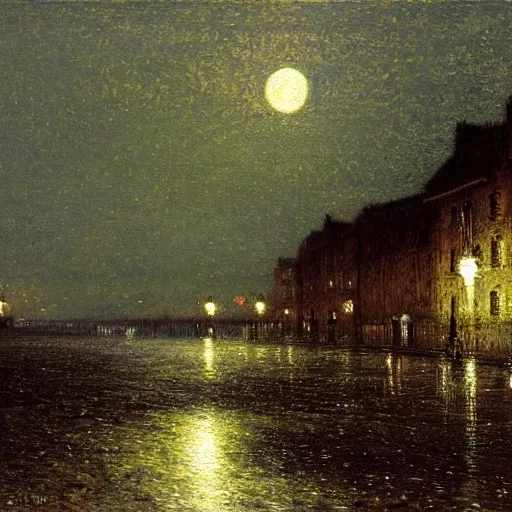 Prompt: a painting of still beach under moonlight by john atkinson grimshaw and geogre inness, acrylic art, artstation hd