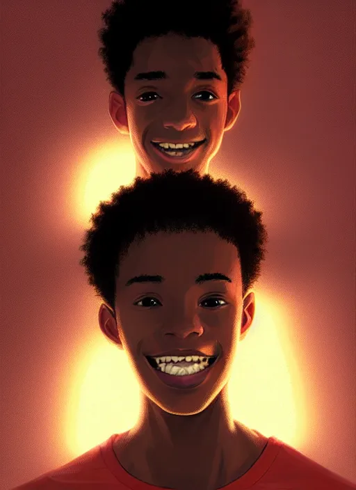 Prompt: portrait of teenage chuck clayton, black teenage boy, very short curly hair, very short hair, square jaw, slight excited smile, reading archie comic book, intricate, elegant, glowing lights, highly detailed, digital painting, artstation, concept art, smooth, sharp focus, illustration, art by wlop, mars ravelo and greg rutkowski