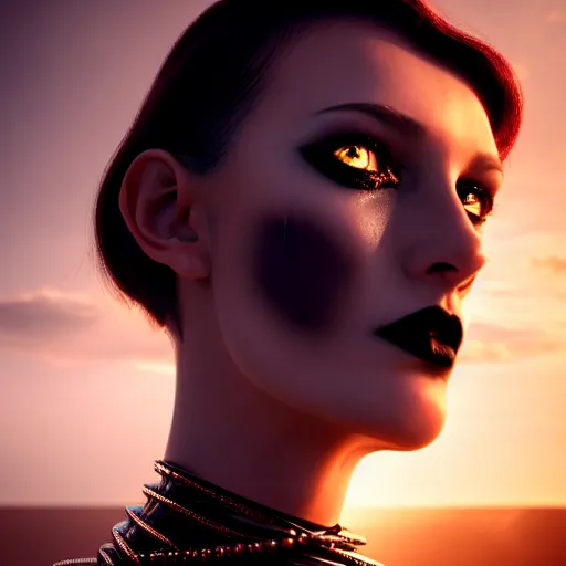 Prompt: photographic portrait of a stunningly beautiful gothic cyberpunk steampunk android female in soft dreamy light at sunset, god rays, contemporary fashion shoot, by edward robert hughes, annie leibovitz and steve mccurry, david lazar, jimmy nelsson, breathtaking, 8 k resolution, extremely detailed, beautiful, establishing shot, artistic, hyperrealistic, beautiful face, octane render