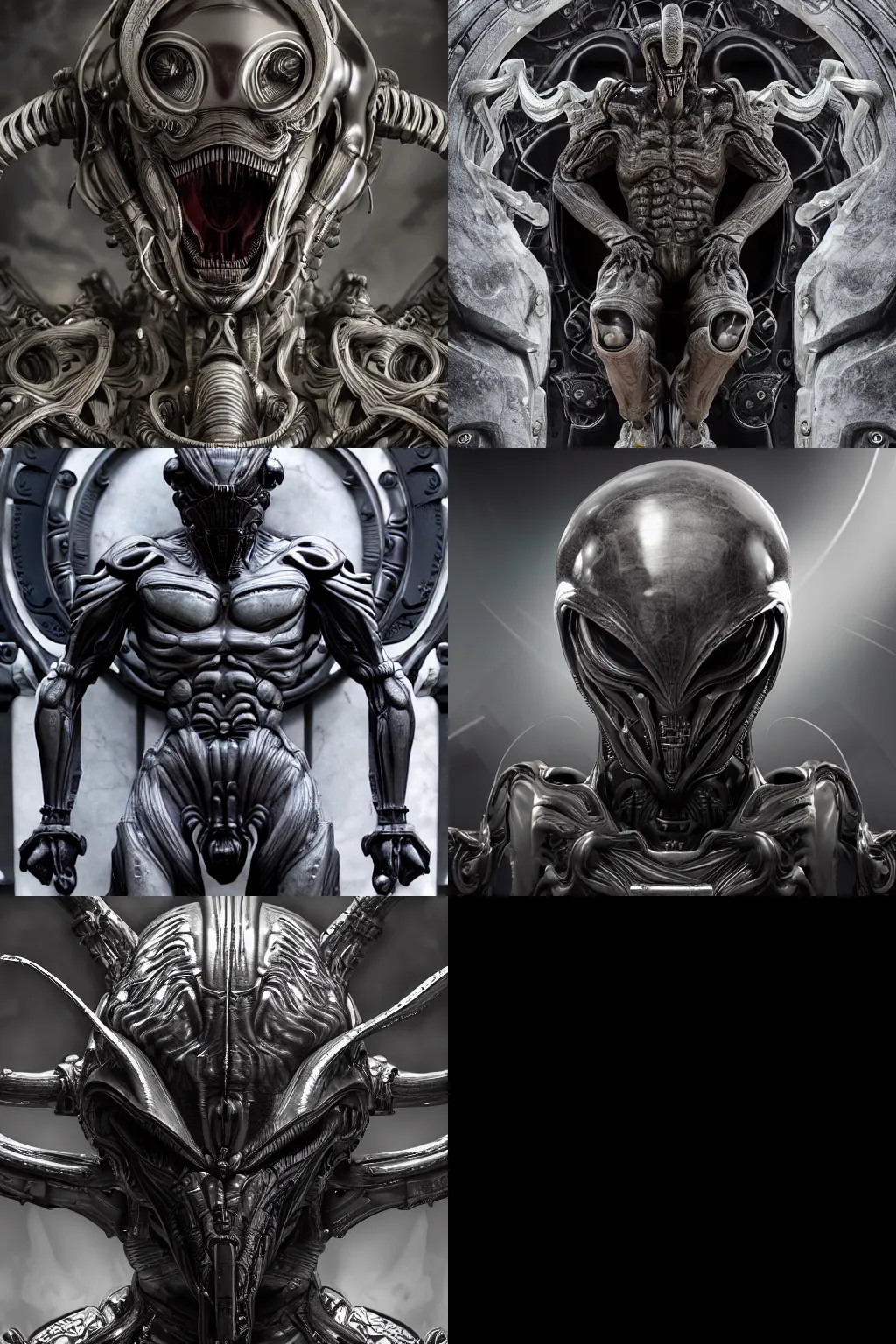 Image similar to engineer prometheus, xenomorph alien, highly detailed, symmetrical long head, smooth marble surfaces, detailed ink illustration, raiden metal gear, cinematic smooth stone, deep aesthetic, concept art, post process, 4k, carved marble texture and silk cloth, latex skin, highly ornate intricate details, prometheus, evil, moody lighting, hr geiger, hayao miyazaki, indsutrial Steampunk