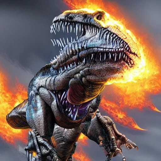 Image similar to t-rex mecha bursting flames, photorealistic, 3D