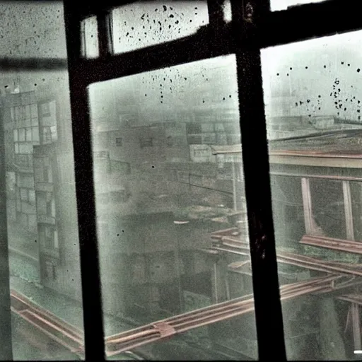 Prompt: view out of a window, fallout city and radioactive rain, with a oppressive mood