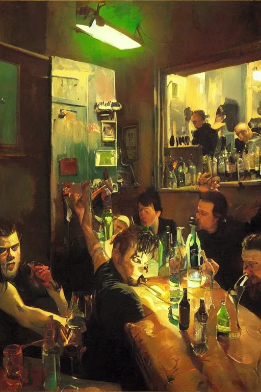 Image similar to punk rockers drinking brutal and raw wine, inside a tiny green room with red lights by joaquin sorolla, greg rutkowski, bill sienckiwicz, extremely detailed