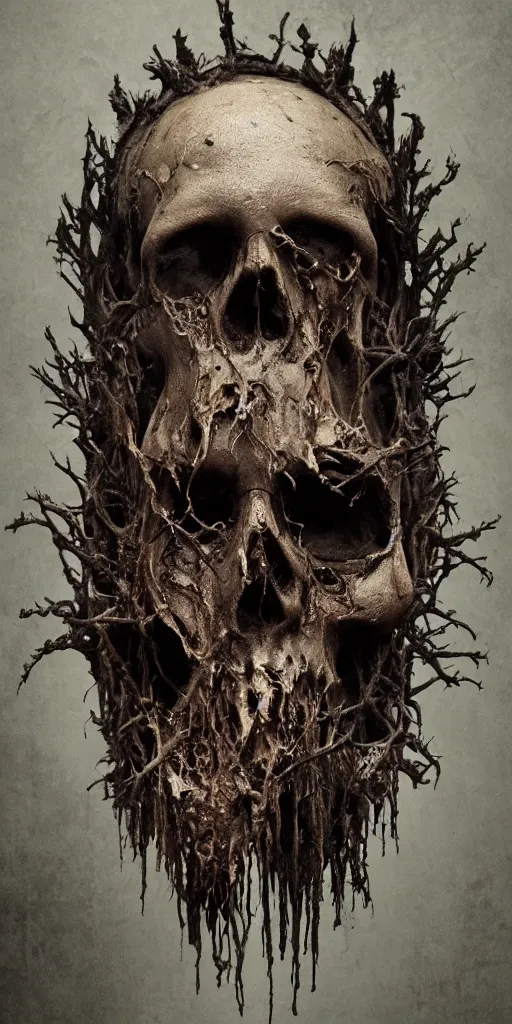 Image similar to full portrait of the decaying King of rot, crown made of rotting flesh, cloak, skull mask, realistic character concept, high fantasy, gothic, dark atmosphere, medium shot, symmetrical face, cinematic lighting, hyperdetailed, high resolution, insanely detailed and intricate, artstation, octane render, 8k, unreal engine