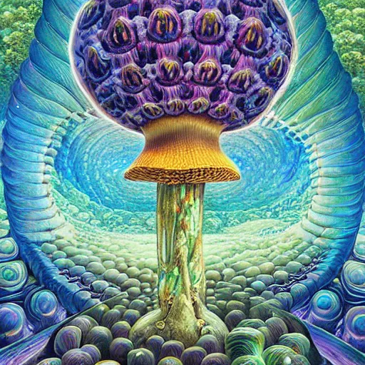 Image similar to mushroom temple, symmetrical, hannah faith yata, torus energy, salvia droid, ben ridgway
