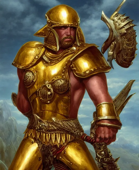 Image similar to strong warrior, fantasy, man, gilded shiny armour, contrast, holy, paladin, highly detailed, digital painting, artstation, concept art, wallpaper, smooth, sharp focus, illustration, illumination, raytracting, art by larry elmore, jeff easley, clyde waldwell, keith parkinson, daniel r horne