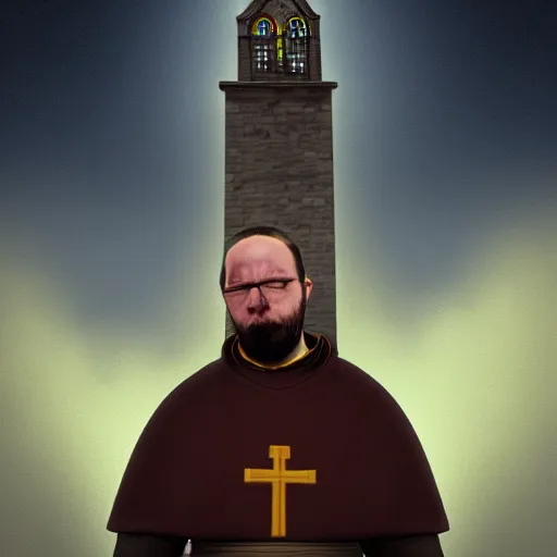 Image similar to Digital portrait of a catholic priest in his twenties fervently praying at the top of a medieval tower. He is looking terrified as a yellow shadow descends upon him from the night sky. Dramatic lighting. Award-winning digital art, trending on ArtStation