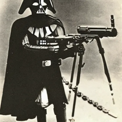 Image similar to old wartime photograph of darth vader holding a lewis gun, 1 9 1 7