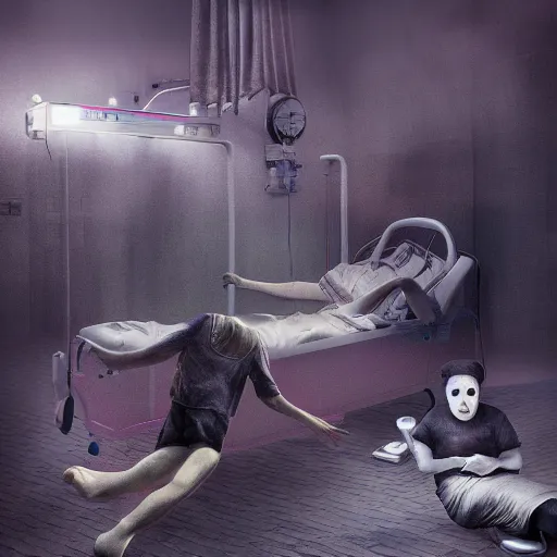 Prompt: I woke up in pieces, hospital bound, time is running out, surreal, fantasy, digital art