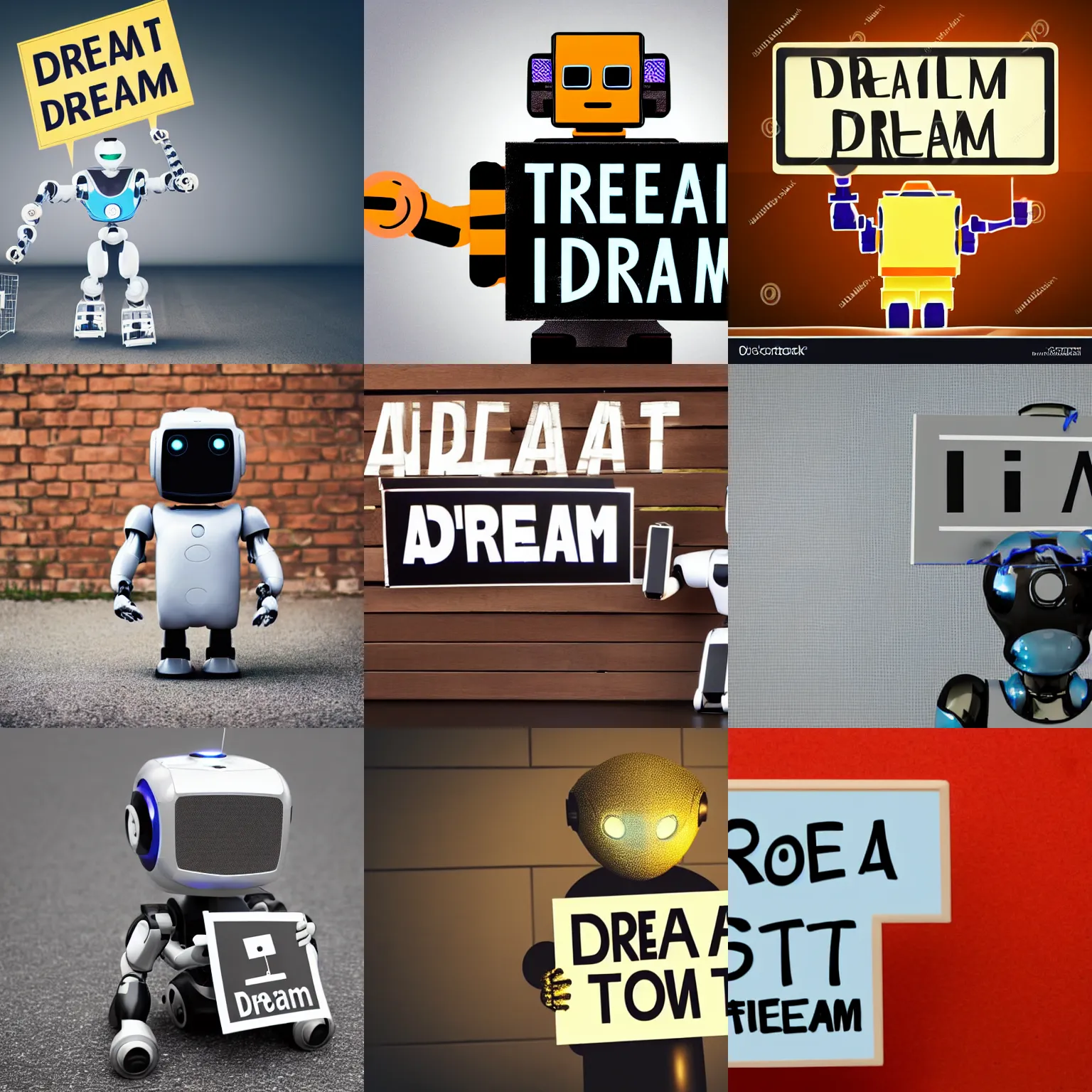 Image similar to artificial intelligence robot holding a sign with text that reads : dream